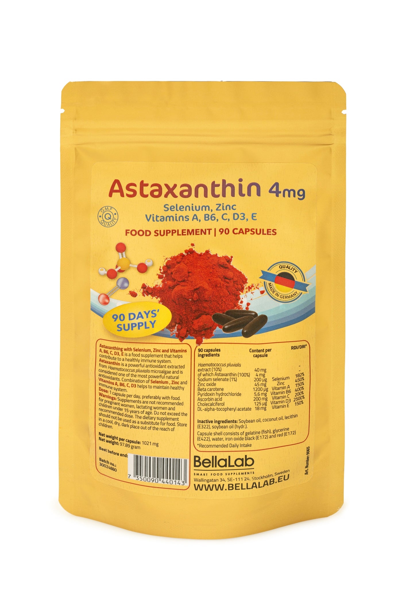 Astaksantiin 4 mg seleeni, tsingi ja vitamiinidega A, B6, C, D3, E